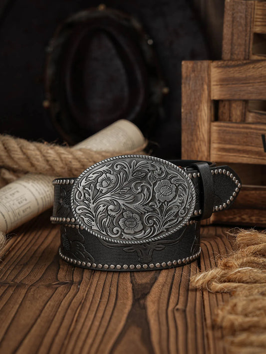 Western Cowboy PU Leather Belt - Men Waist Strap Bull Decoration Floral Engraved for Jeans