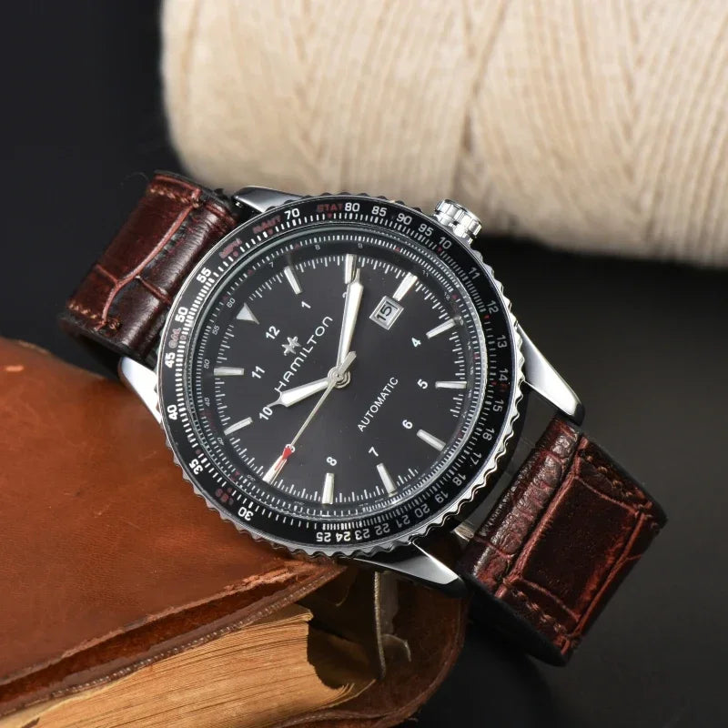 Fashion and Leisure Hamilton Men's Luxury Brand Quartz Watch Casual Sports Leather with Calendar Waterproof Men's Quartz Watch