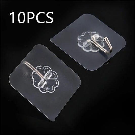 Transparent Stainless Steel Strong Self Adhesive Hooks Key Storage Hanger for Kitchen Bathroom Door Wall Multi-Function. 10PCS