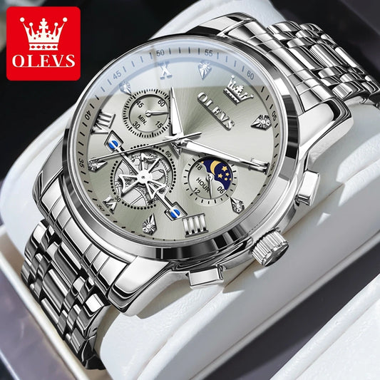 OLEVS Men's Watches Classic Multifunctional Fltwheel Chronograph Original Quartz Wristwatch Moon Phase 24 Hour Waterproof reloj