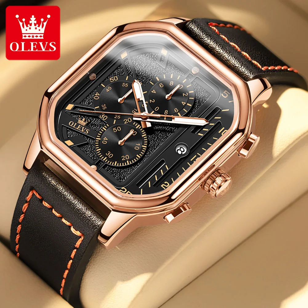 OLEVS New Quartz Watch for Men Chronograph Clock Waterproof Luminous Leather Strap Men's Wristwatch 42mm Dial Man Dress Watches