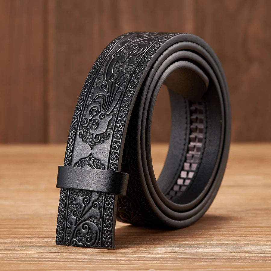3.5CM Width No Buckle Cowskin Genuine Leather Belt Quality Automatic Print Wasitbad Strap Bussiness Male Belt Men Without Buckle