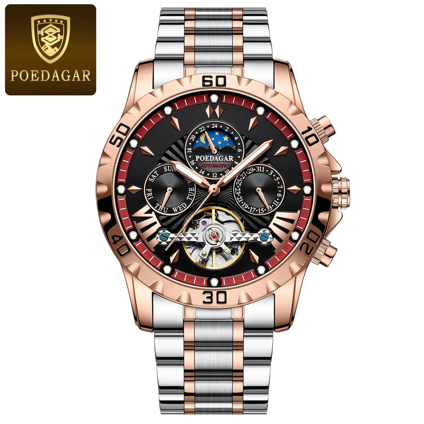 POEDAGAR Luxury Automatic Mechanical Watch For Men Hollow Tourbillon Waterproof Luminous Date Week Stainless Steel Men's Watches