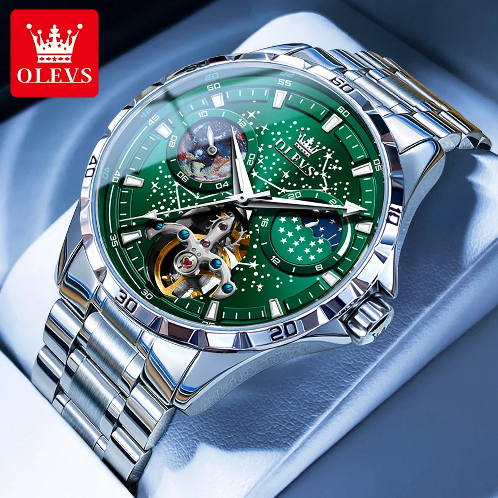 OLEVS Original Brand Men's Watches Waterproof Multifunctional Luminous Fully Automatic Mechanical Watch Moon Phase Starry Disk