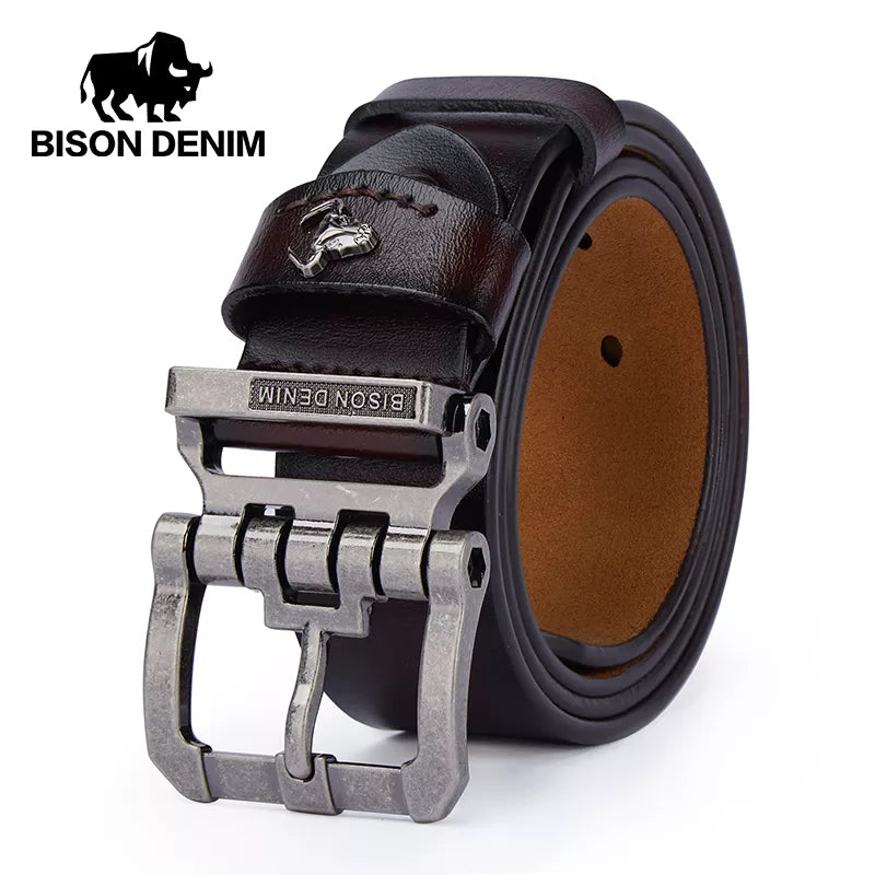 BISON DENIM Men' Belt High Quality Genuine Leather Luxury Strap Classic Vintage Alloy Pin Buckle Male Belt Jeans Belt for Men